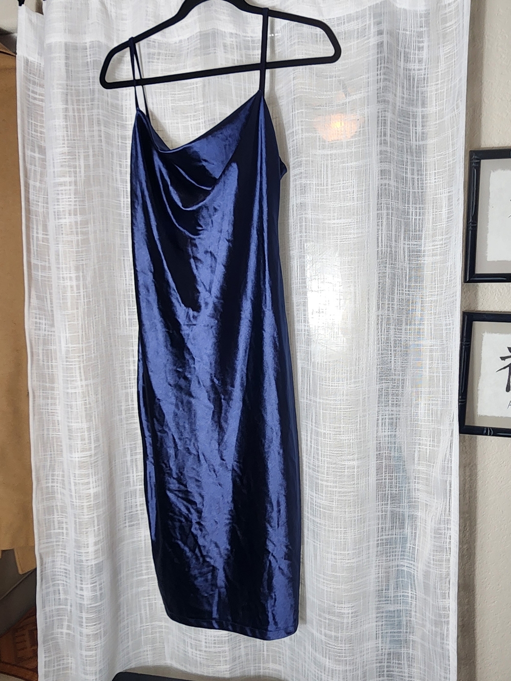 Satin Cowl Neck Midi Slip Dress in Navy